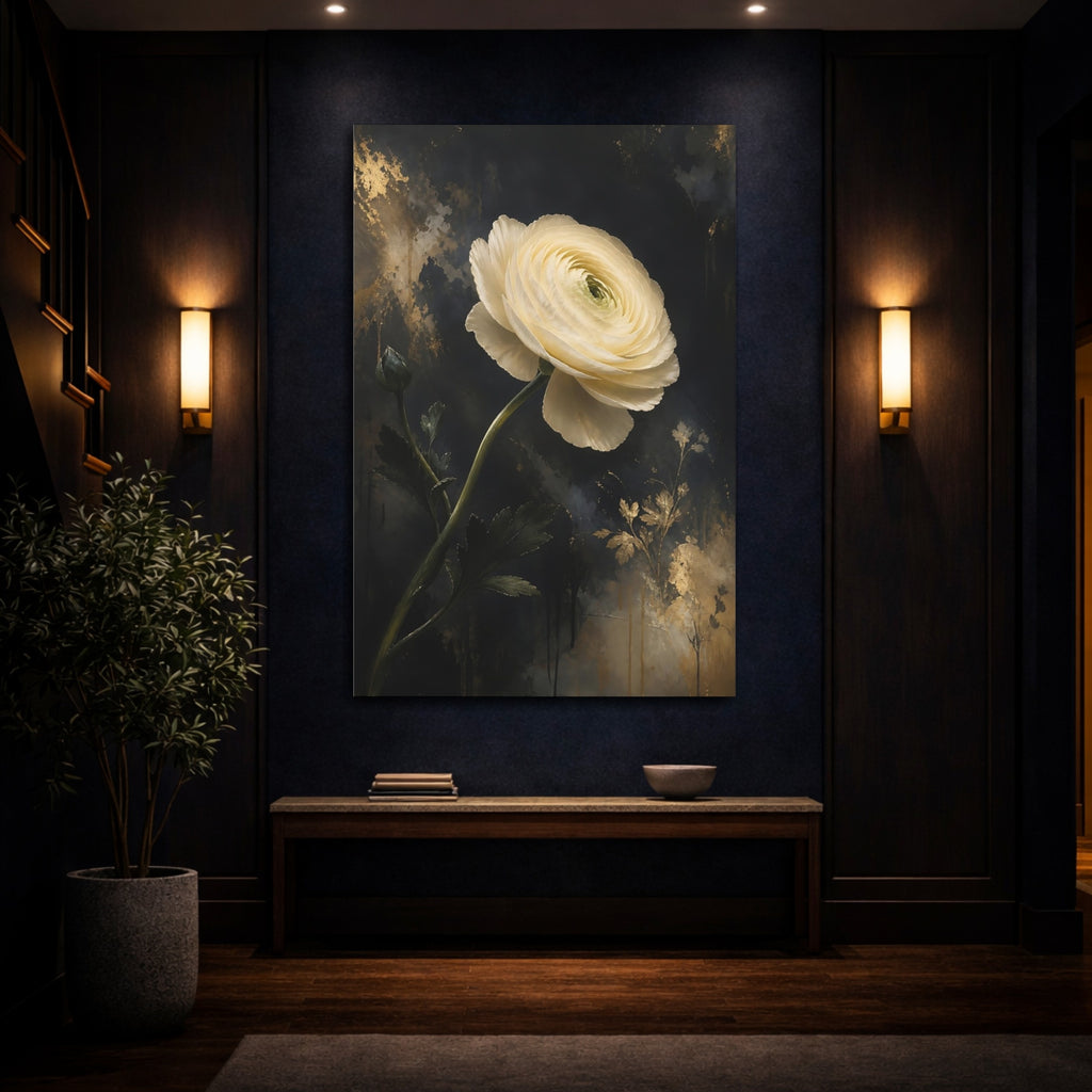 Mockup 4. Floral Ranunculus White Gold Floral shown as stretched canvas wall art
