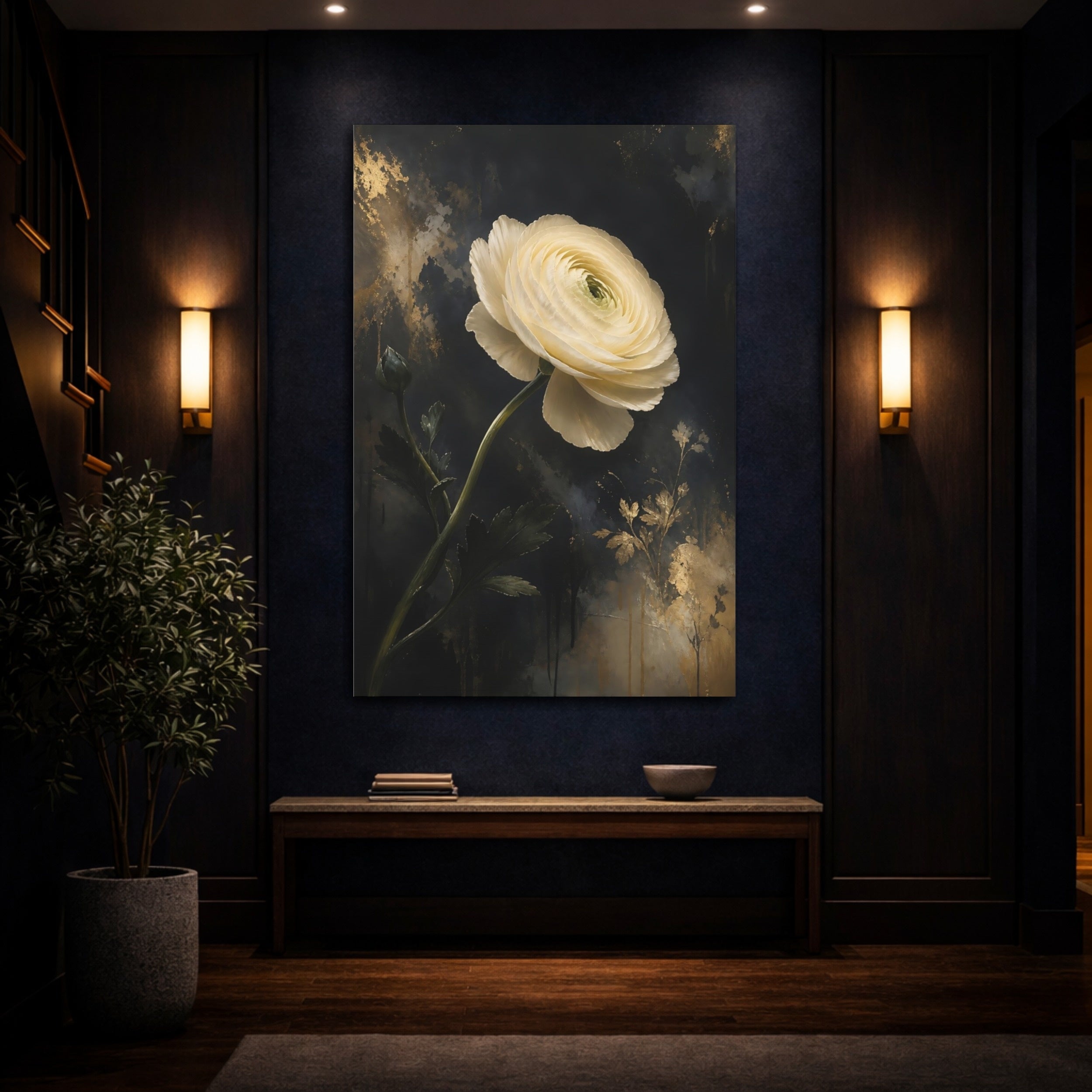 Mockup 4. Floral Ranunculus White Gold Floral shown as stretched canvas wall art
