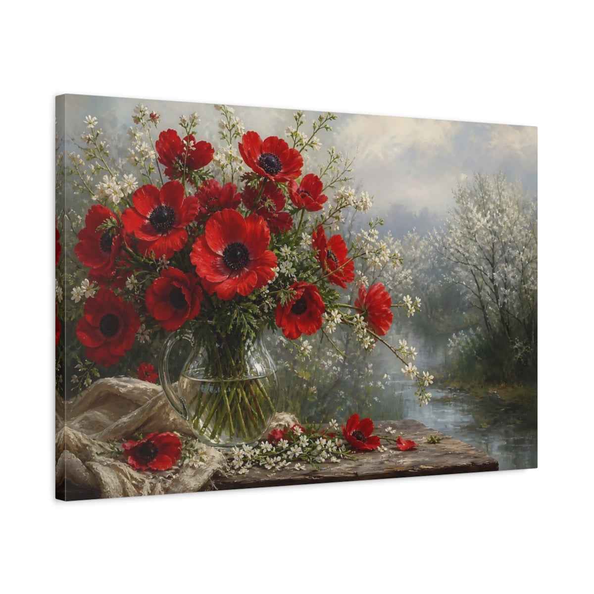 Side Mockup 2. Floral Red Anemones Red Floral shown as stretched canvas wall art