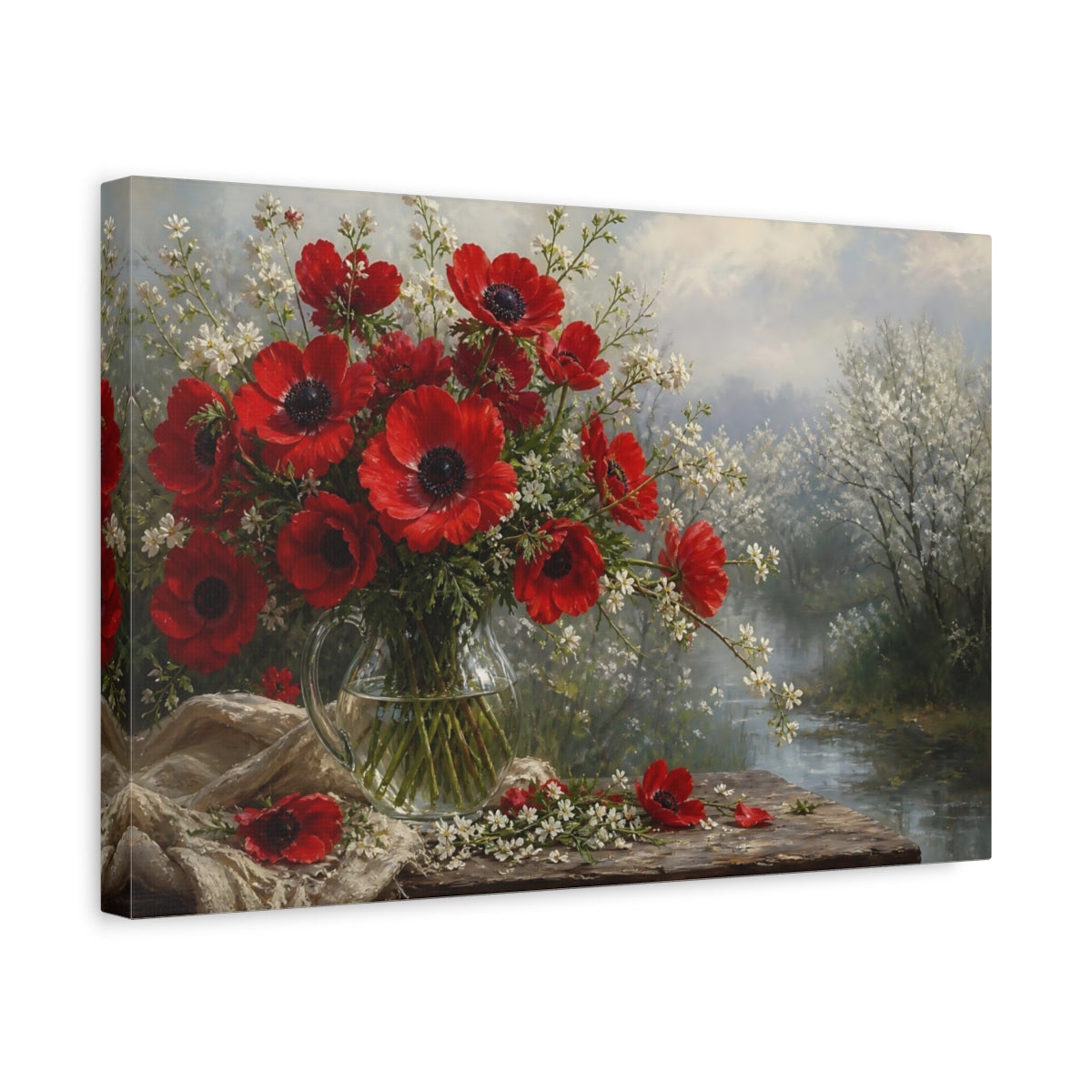 Side Mockup 4. Floral Red Anemones Red Floral shown as stretched canvas wall art