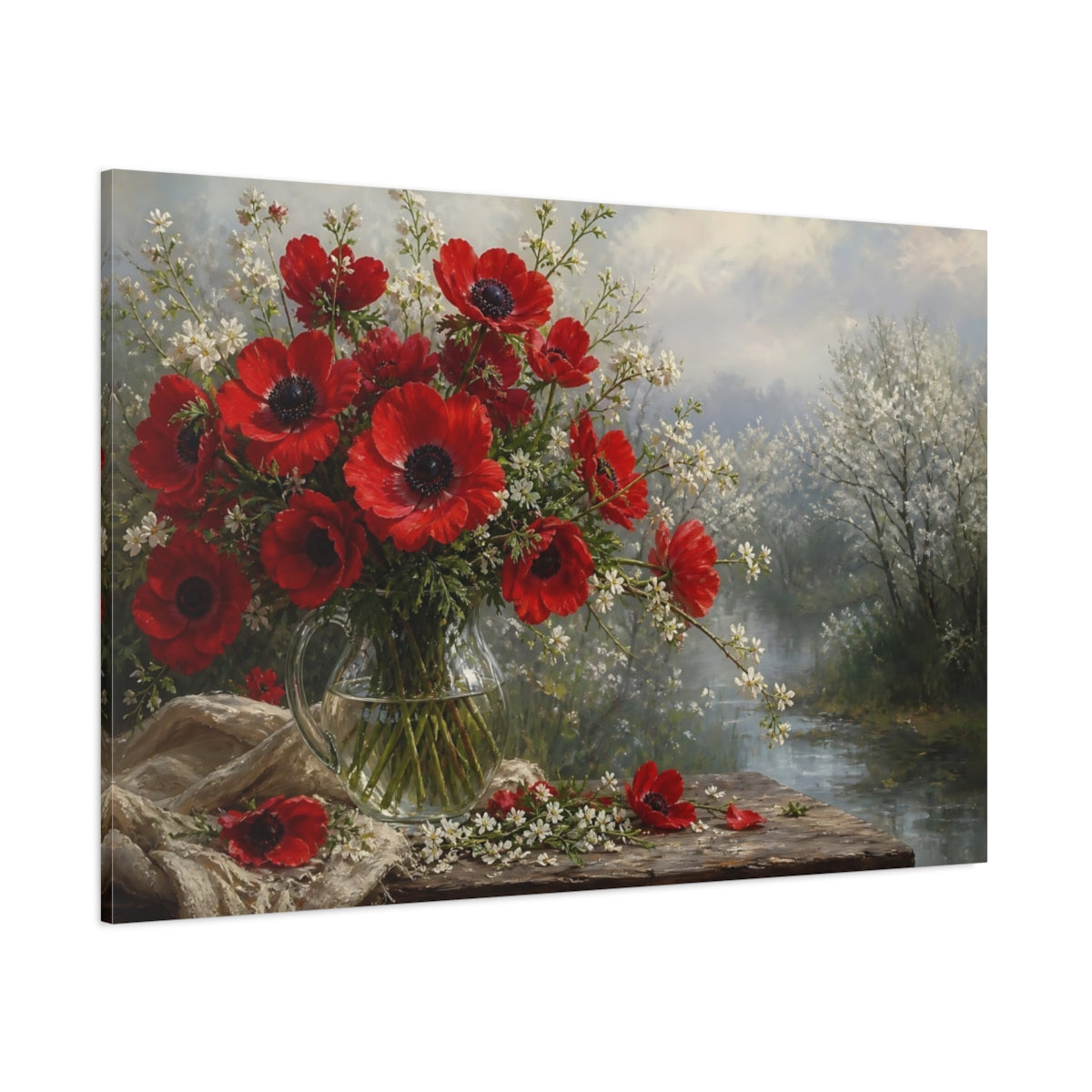 Side Mockup 1. Floral Red Anemones Red Floral shown as stretched canvas wall art