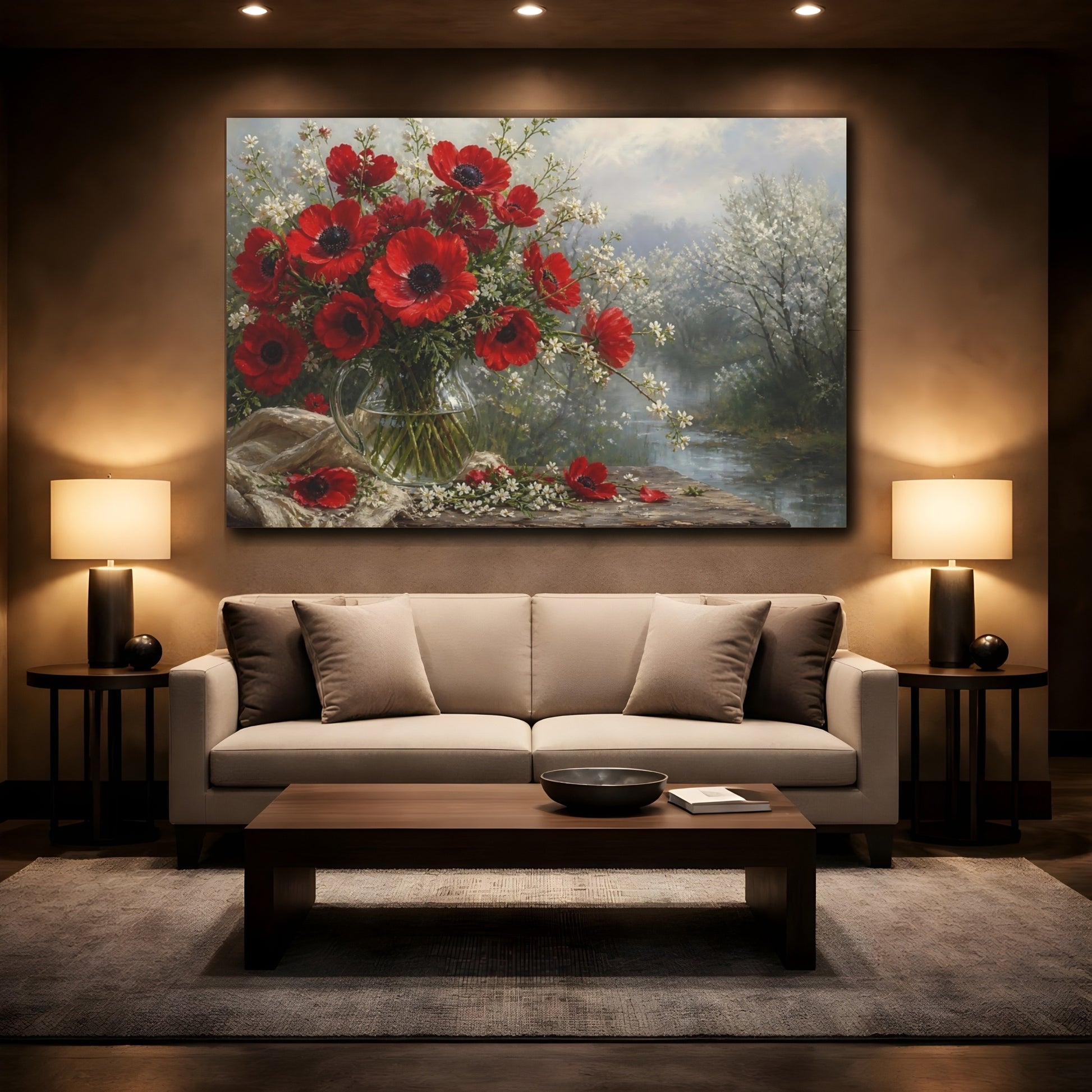 Mockup 2. Floral Red Anemones Red Floral shown as stretched canvas wall art