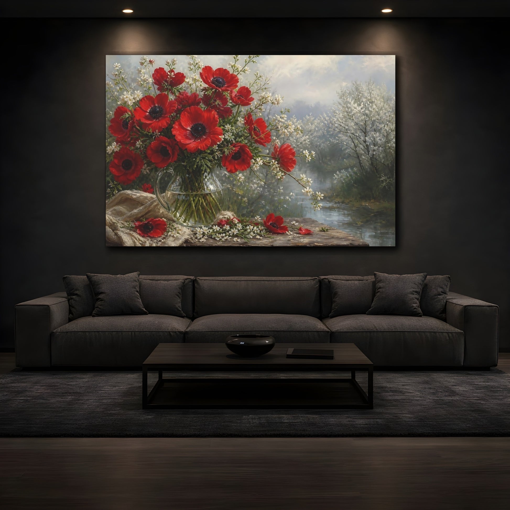 Mockup 3. Floral Red Anemones Red Floral shown as stretched canvas wall art