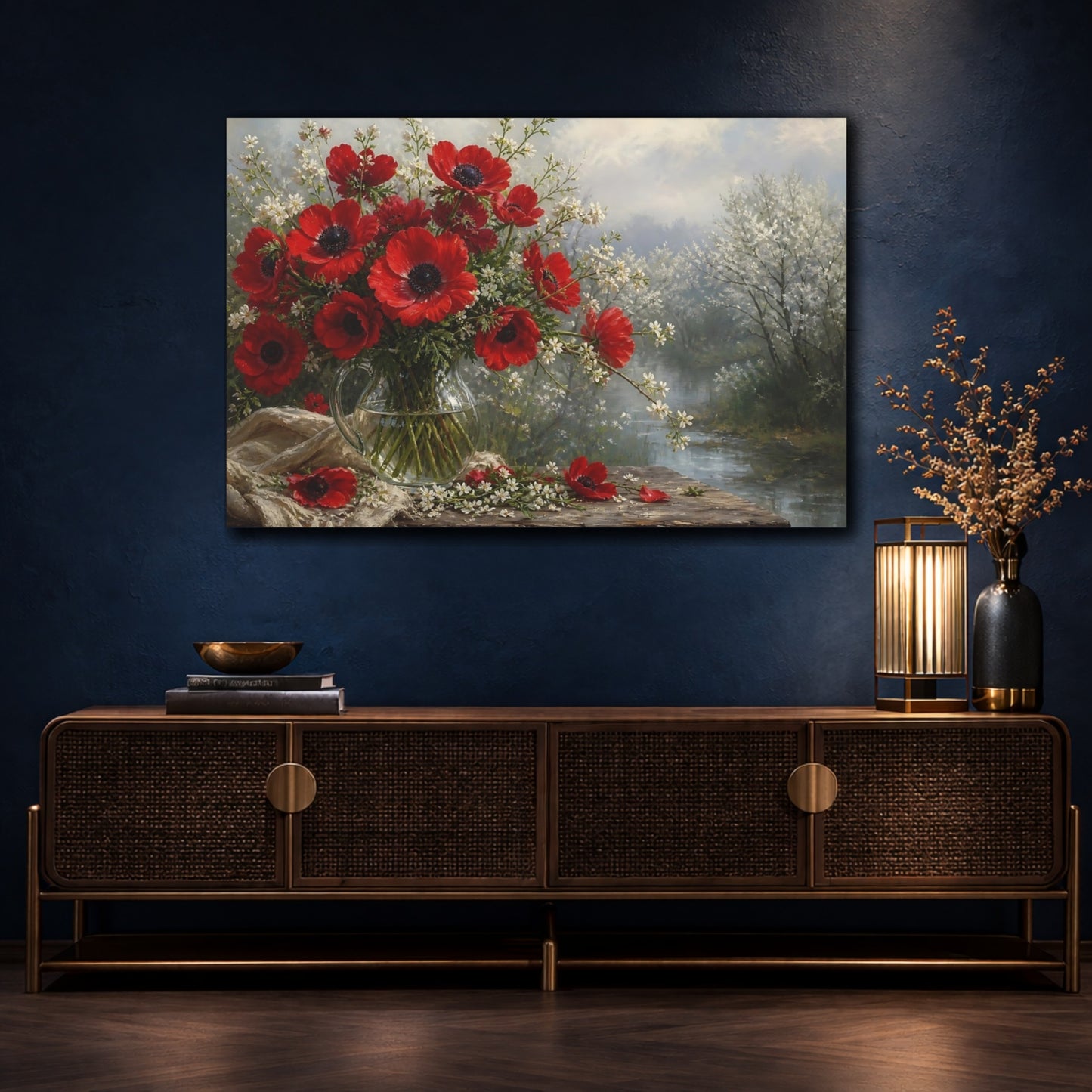 Mockup 4. Floral Red Anemones Red Floral shown as stretched canvas wall art