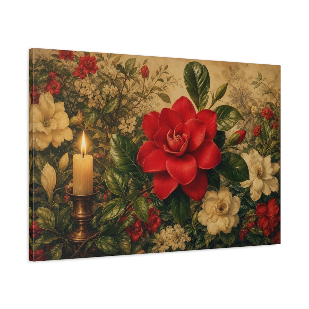 Main Mockup. Floral Red Camellia Red Floral Candle shown as stretched canvas wall art