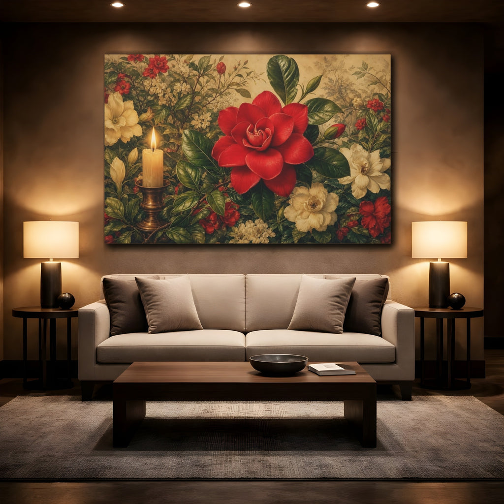 Mockup 2. Floral Red Camellia Red Floral Candle shown as stretched canvas wall art