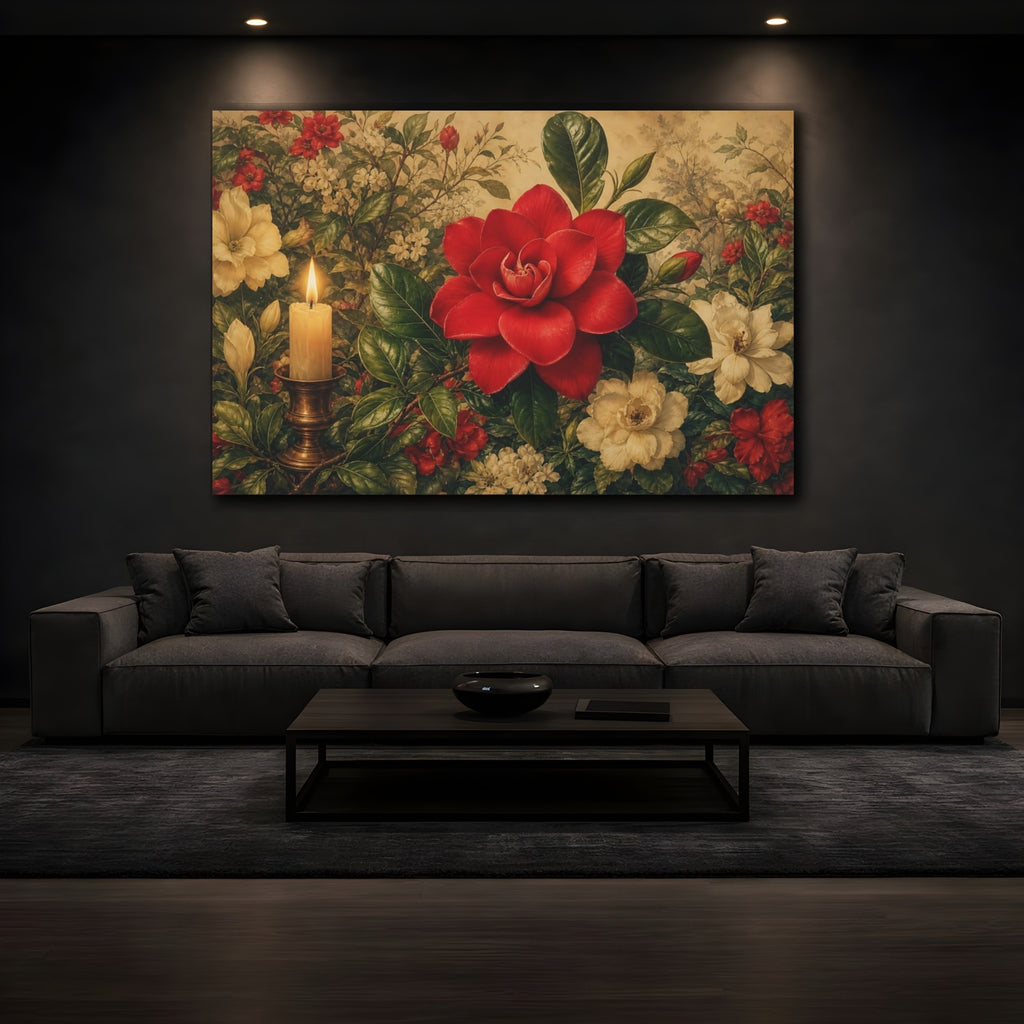 Mockup 3. Floral Red Camellia Red Floral Candle shown as stretched canvas wall art