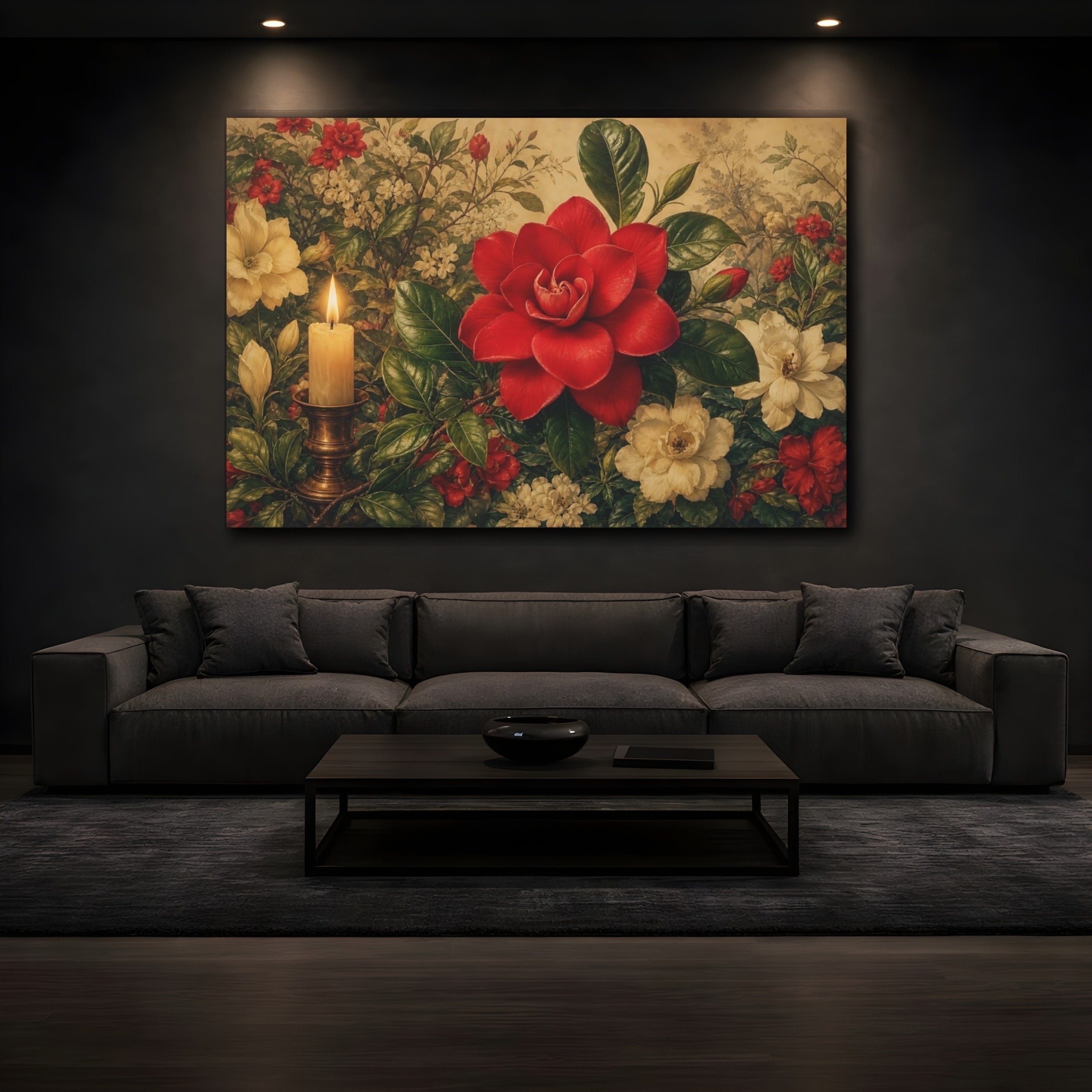 Mockup 3. Floral Red Camellia Red Floral Candle shown as stretched canvas wall art