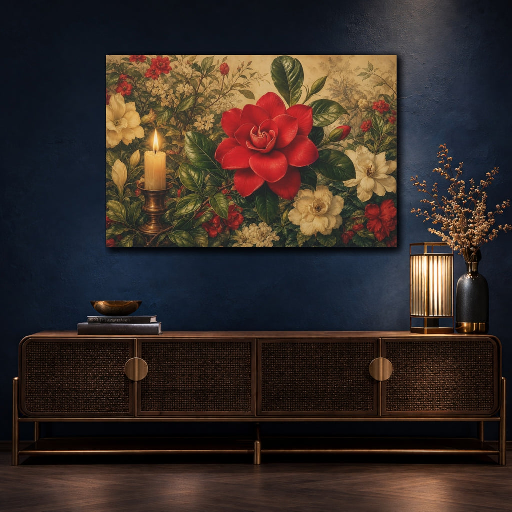 Mockup 4. Floral Red Camellia Red Floral Candle shown as stretched canvas wall art