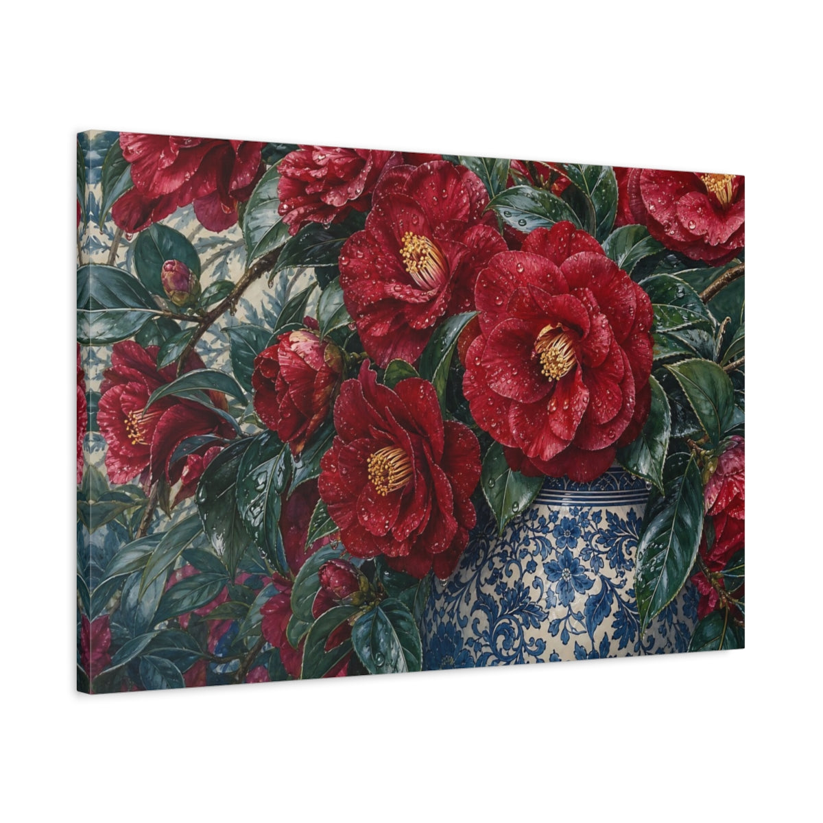Side Mockup 2. Floral Red Camellias Red Floral shown as stretched canvas wall art