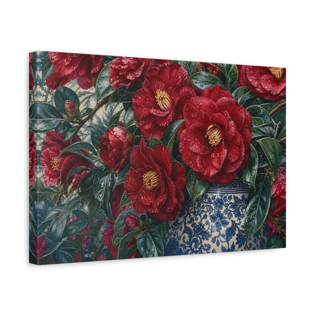 Side Mockup 4. Floral Red Camellias Red Floral shown as stretched canvas wall art