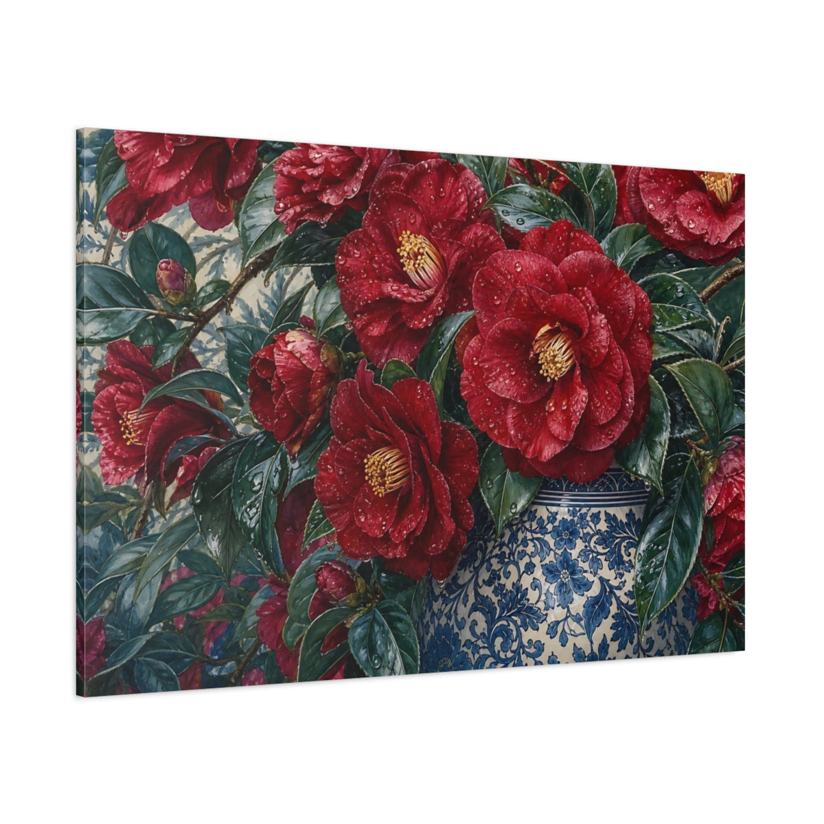 Side Mockup 1. Floral Red Camellias Red Floral shown as stretched canvas wall art