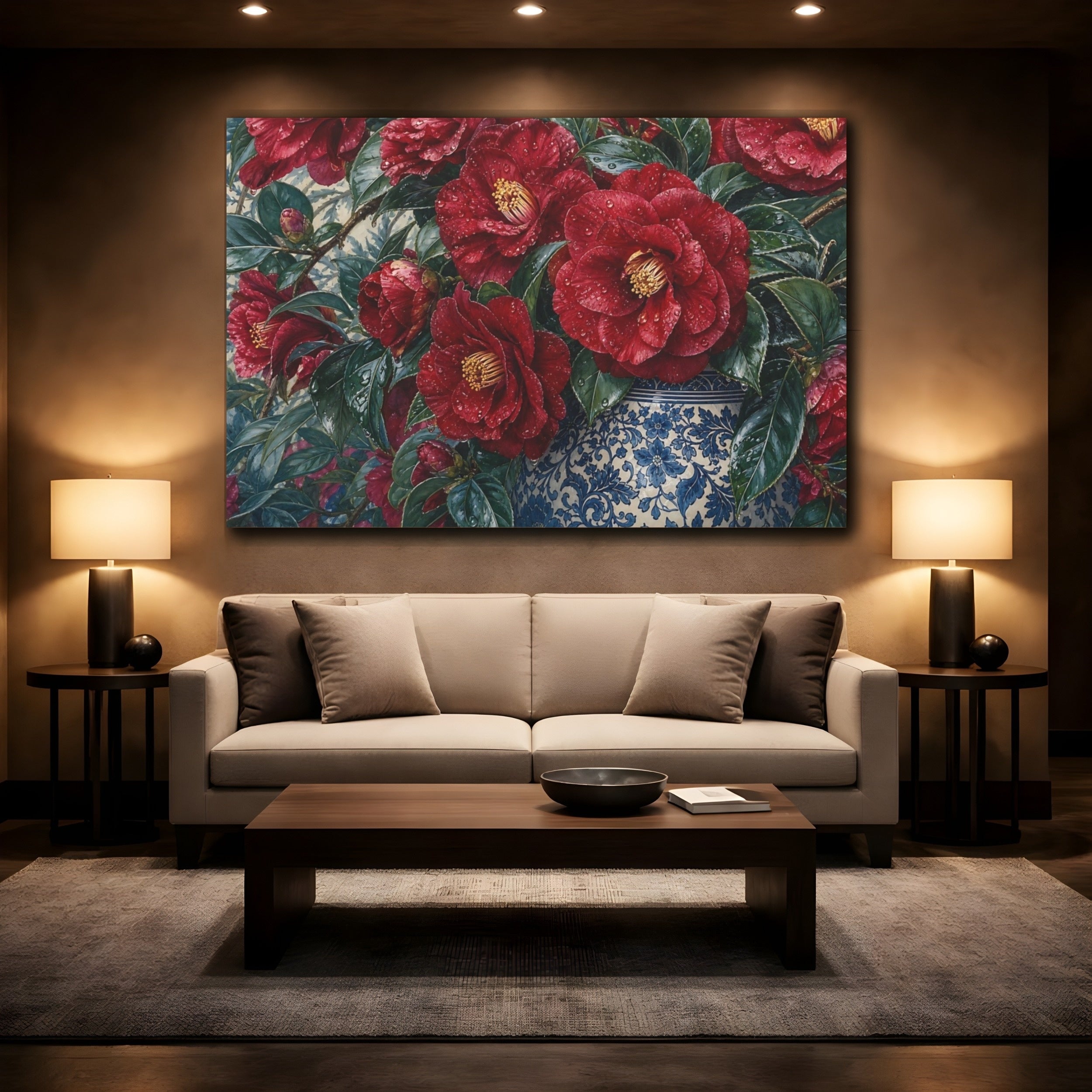 Mockup 2. Floral Red Camellias Red Floral shown as stretched canvas wall art