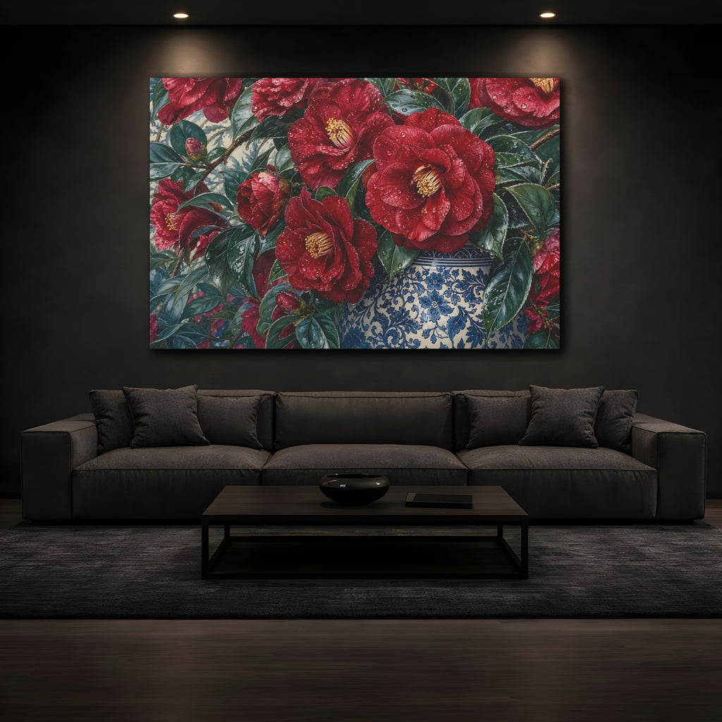Mockup 3. Floral Red Camellias Red Floral shown as stretched canvas wall art