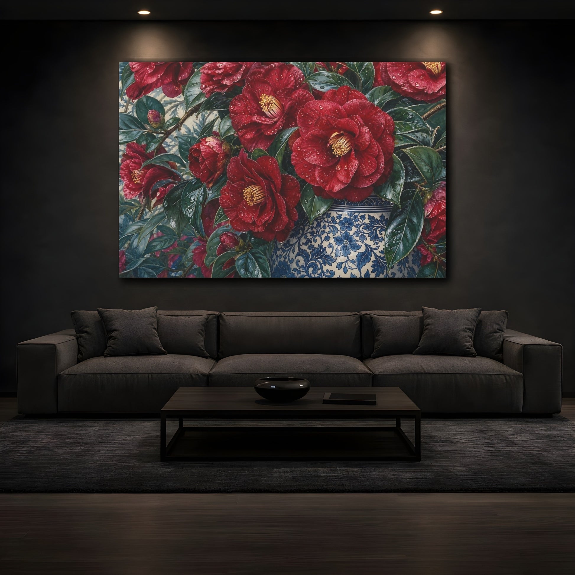 Mockup 3. Floral Red Camellias Red Floral shown as stretched canvas wall art