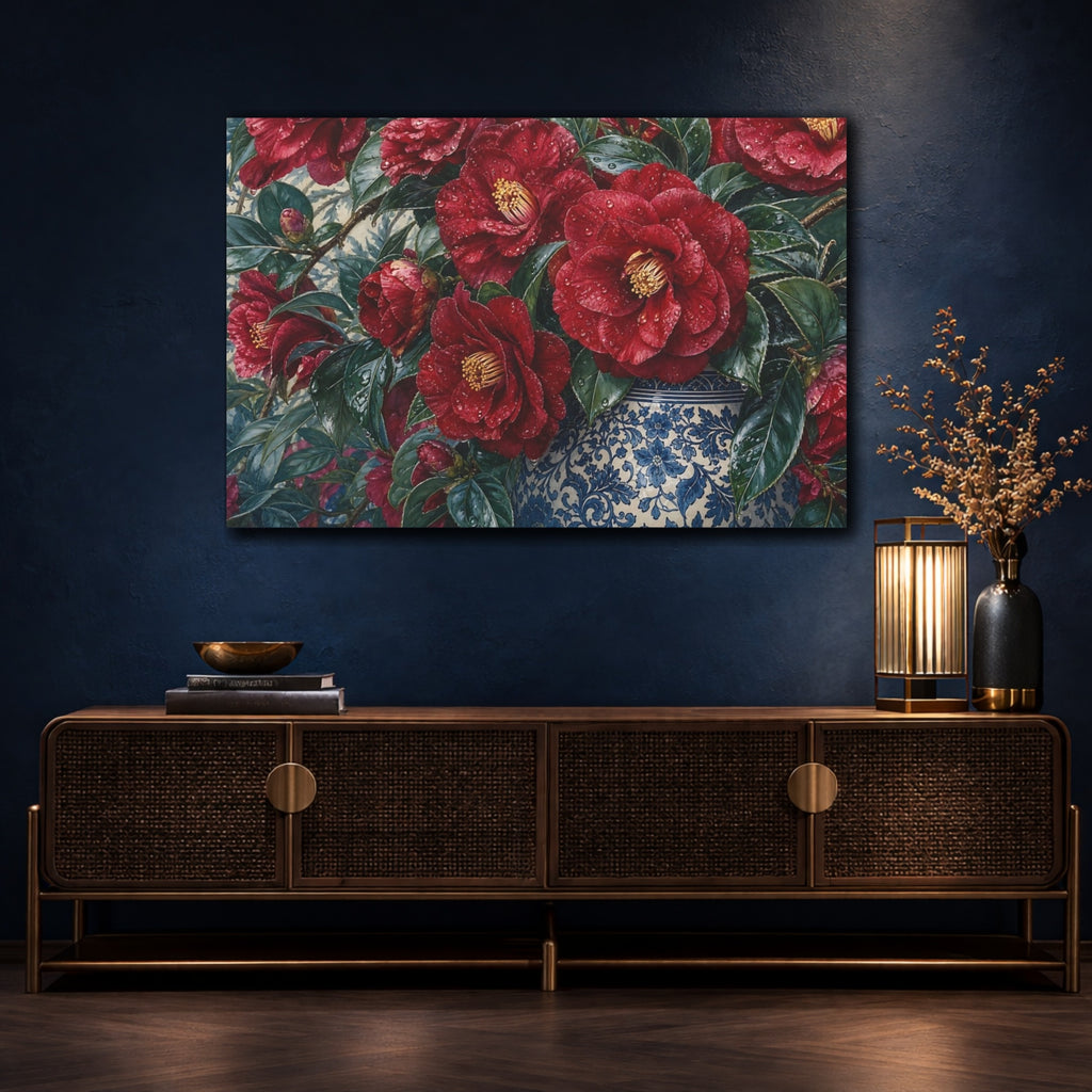 Mockup 4. Floral Red Camellias Red Floral shown as stretched canvas wall art
