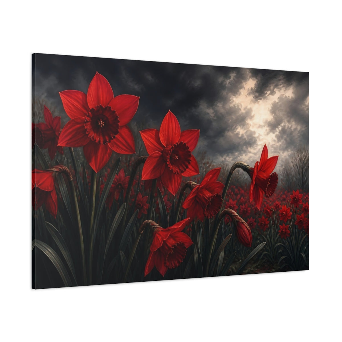 Side Mockup 1. Floral Red Daffodils Red And Dark Floral shown as stretched canvas wall art