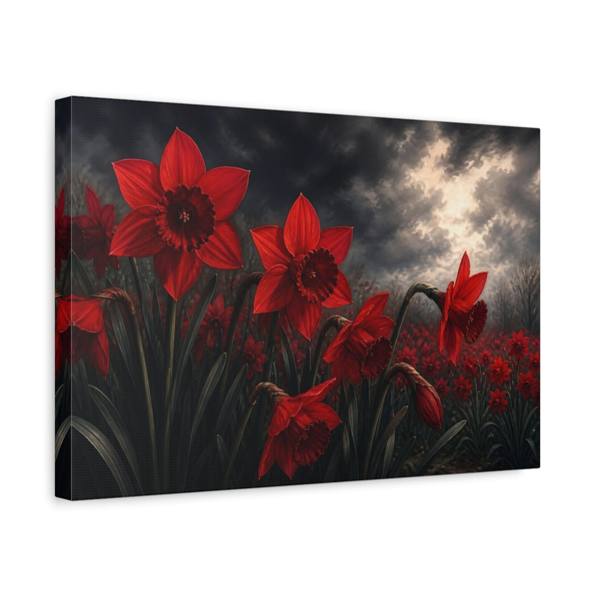 Side Mockup 4. Floral Red Daffodils Red And Dark Floral shown as stretched canvas wall art