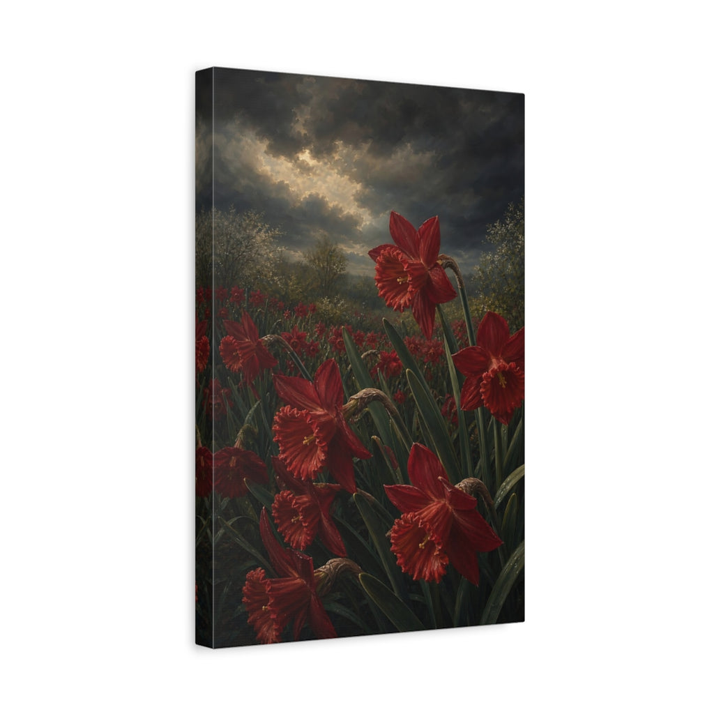 Side Mockup 4. Floral Red Daffodils Red Flower Field shown as stretched canvas wall art