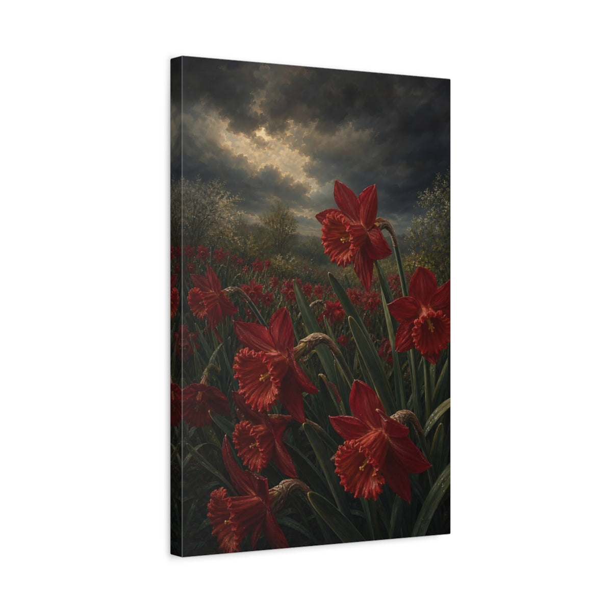 Side Mockup 3. Floral Red Daffodils Red Flower Field shown as stretched canvas wall art
