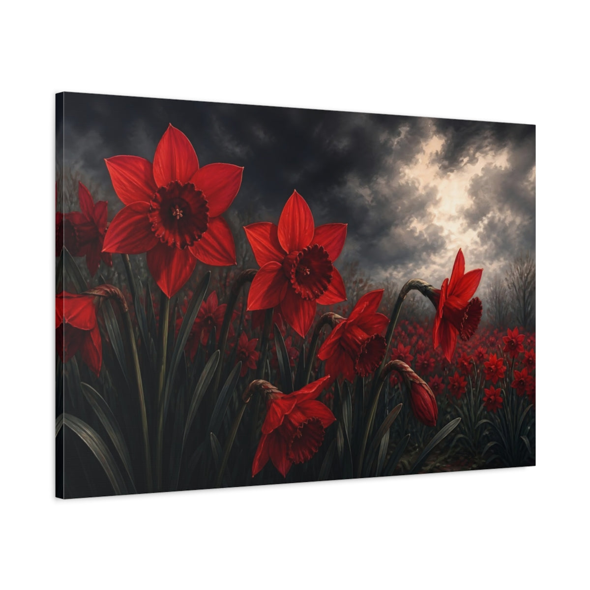 Main Mockup. Floral Red Daffodils Red And Dark Floral shown as stretched canvas wall art