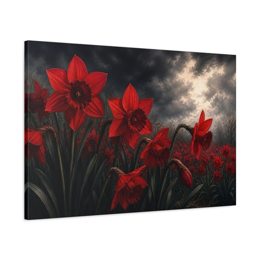 Main Mockup. Floral Red Daffodils Red And Dark Floral shown as stretched canvas wall art