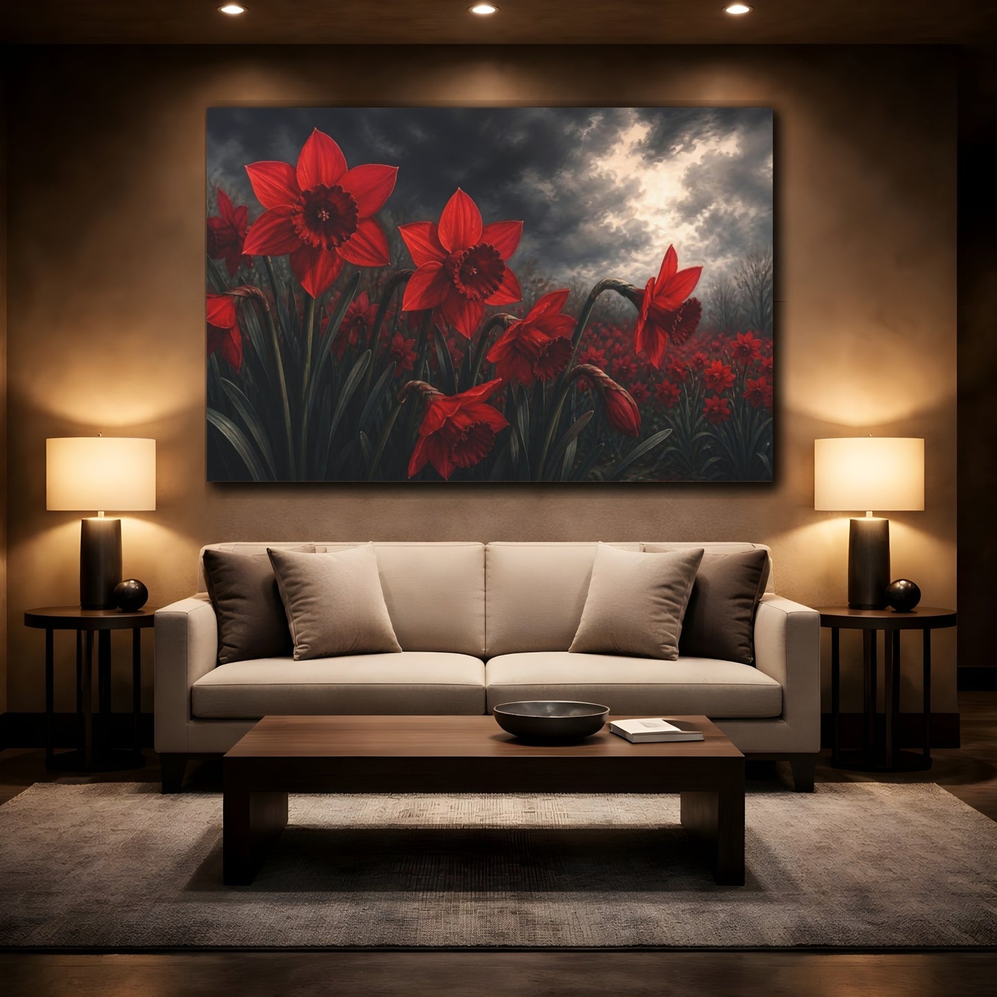 Mockup 2. Floral Red Daffodils Red And Dark Floral shown as stretched canvas wall art