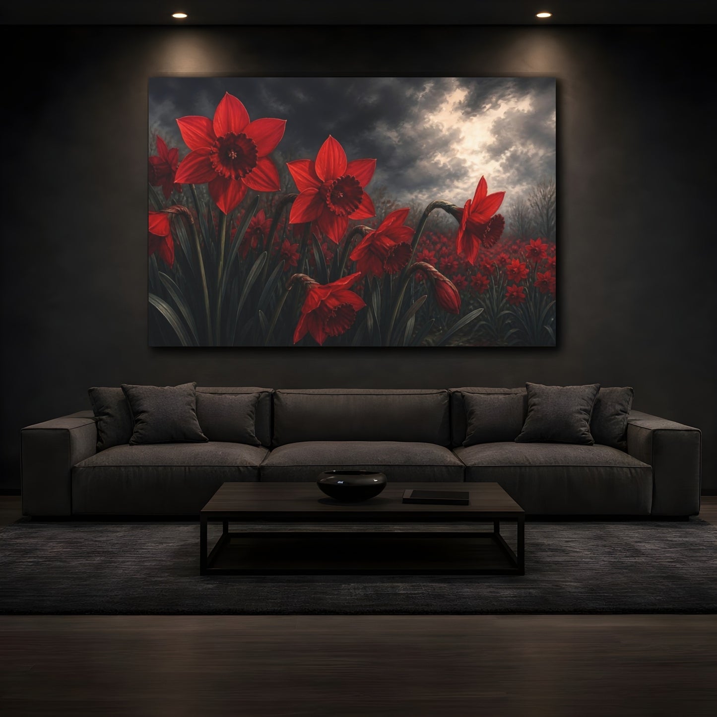Mockup 3. Floral Red Daffodils Red And Dark Floral shown as stretched canvas wall art