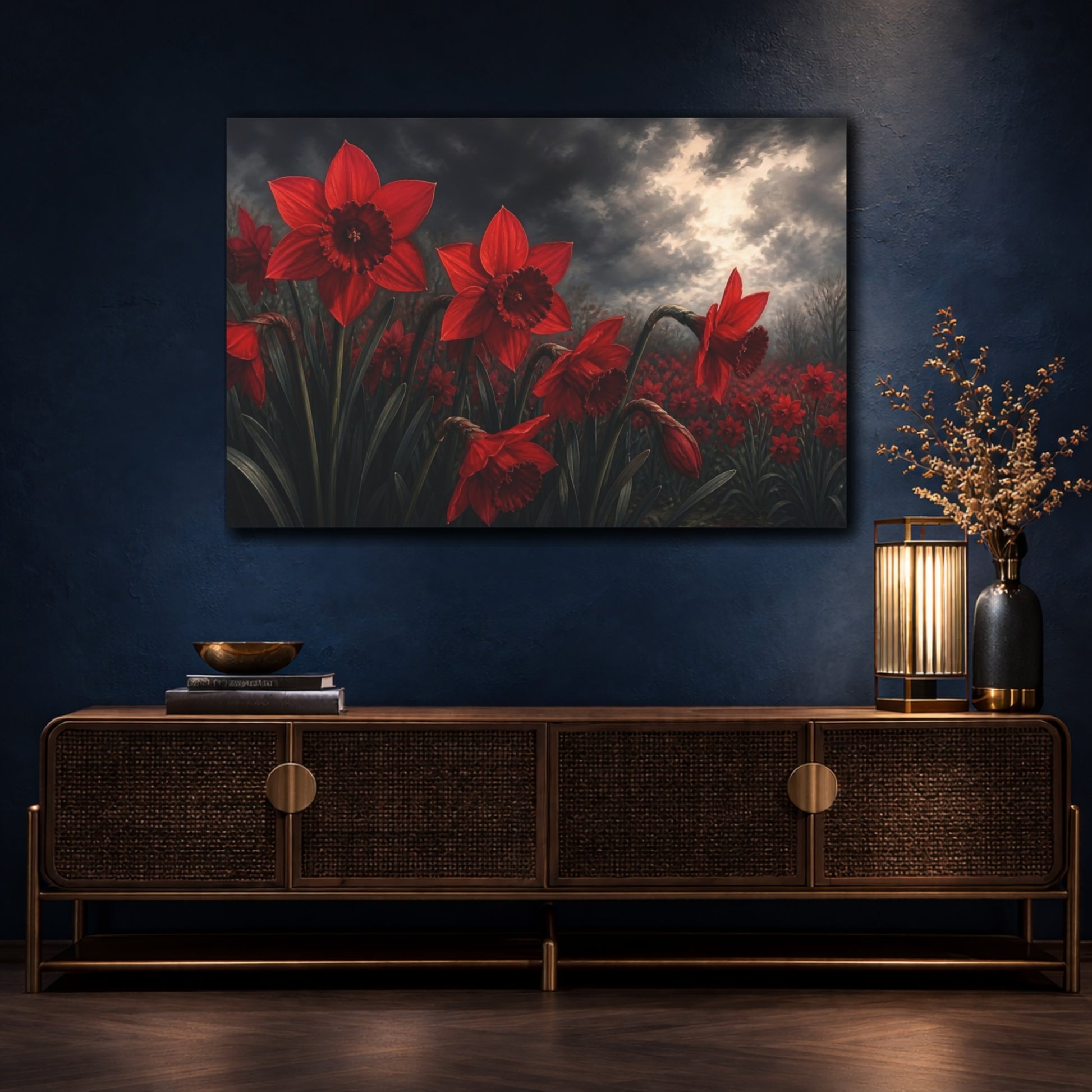 Mockup 4. Floral Red Daffodils Red And Dark Floral shown as stretched canvas wall art