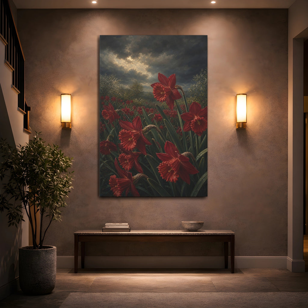 Mockup 2. Floral Red Daffodils Red Flower Field shown as stretched canvas wall art