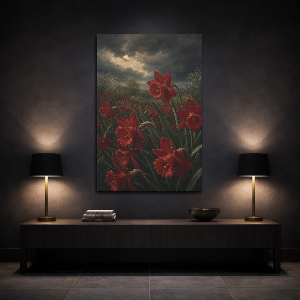Mockup 3. Floral Red Daffodils Red Flower Field shown as stretched canvas wall art