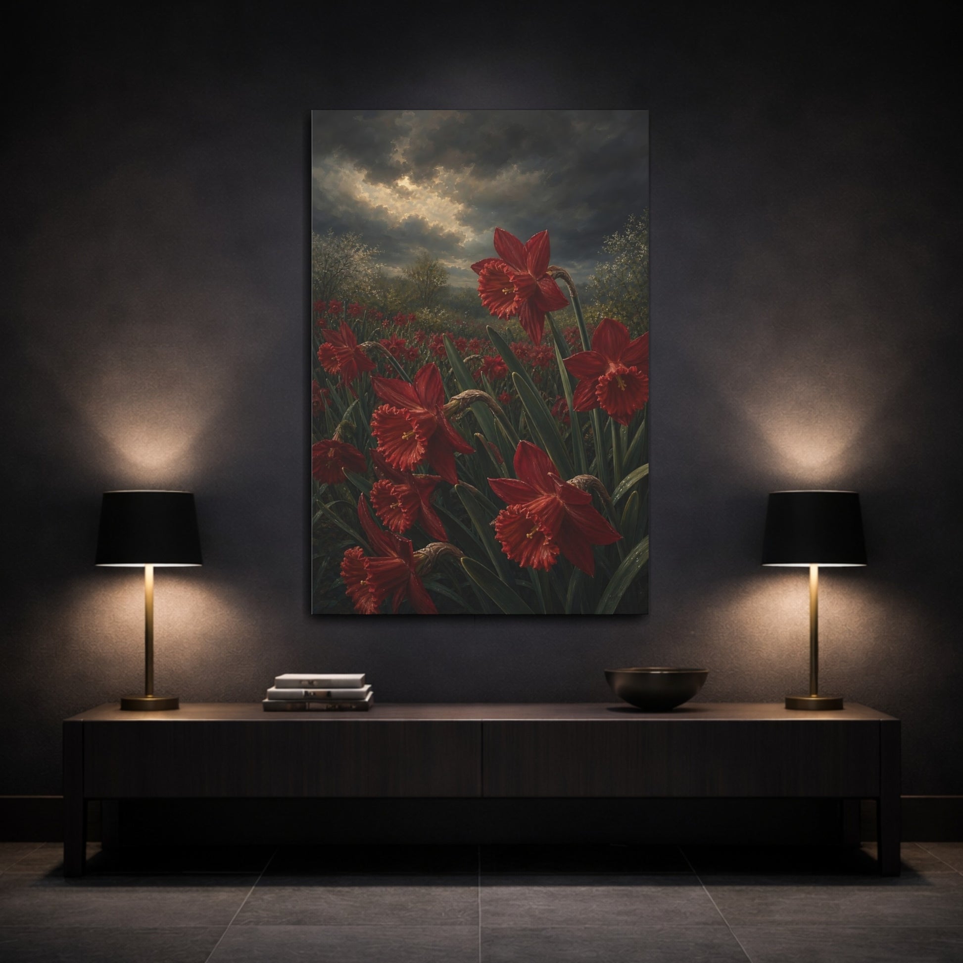Mockup 3. Floral Red Daffodils Red Flower Field shown as stretched canvas wall art