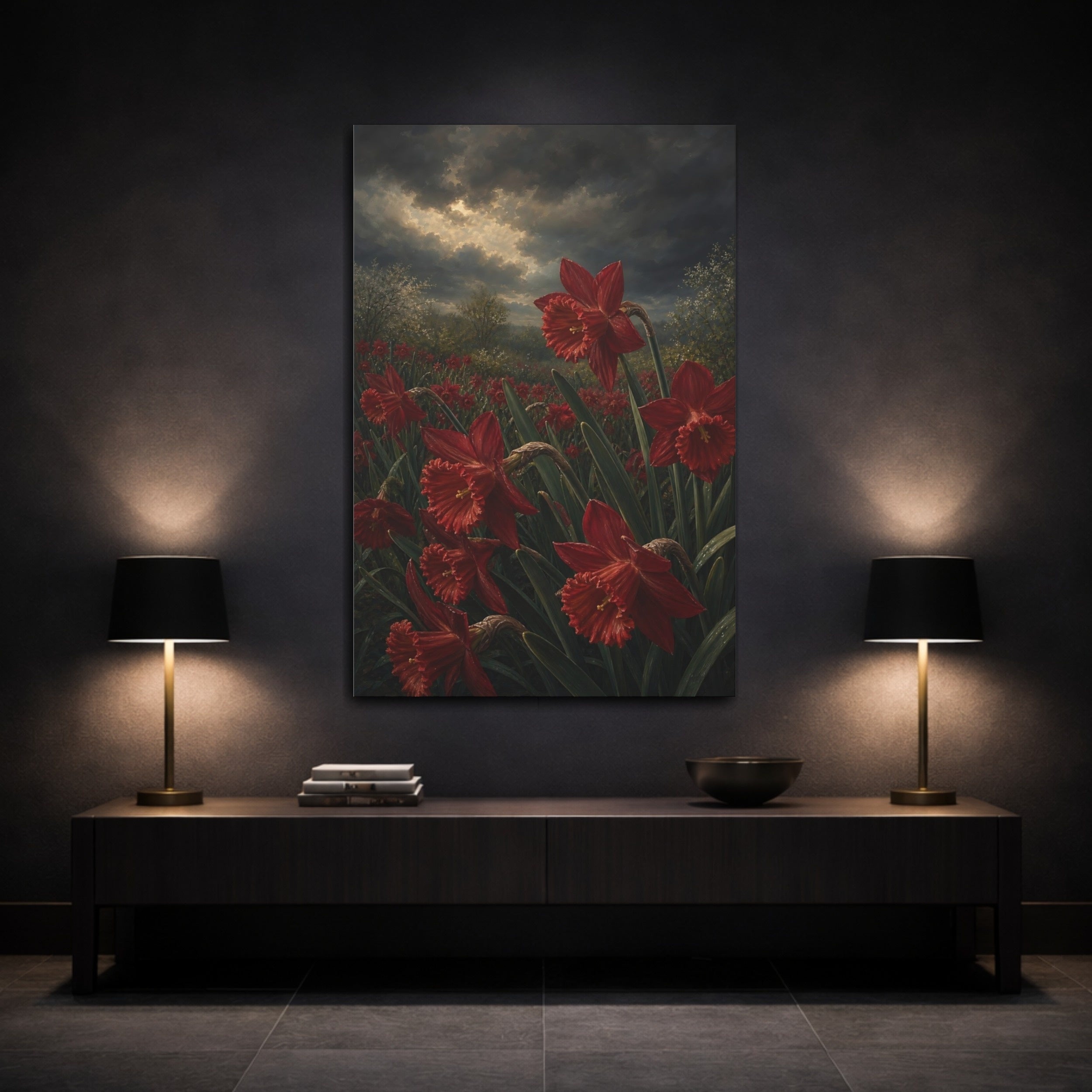 Mockup 3. Floral Red Daffodils Red Flower Field shown as stretched canvas wall art