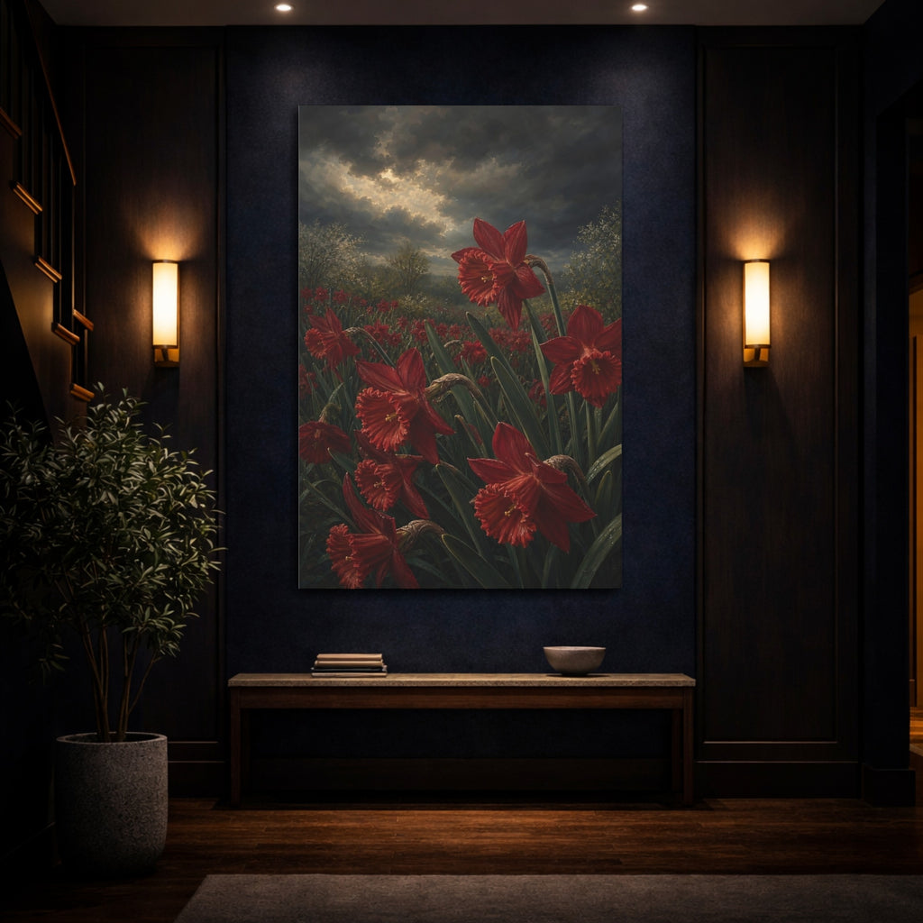 Mockup 4. Floral Red Daffodils Red Flower Field shown as stretched canvas wall art