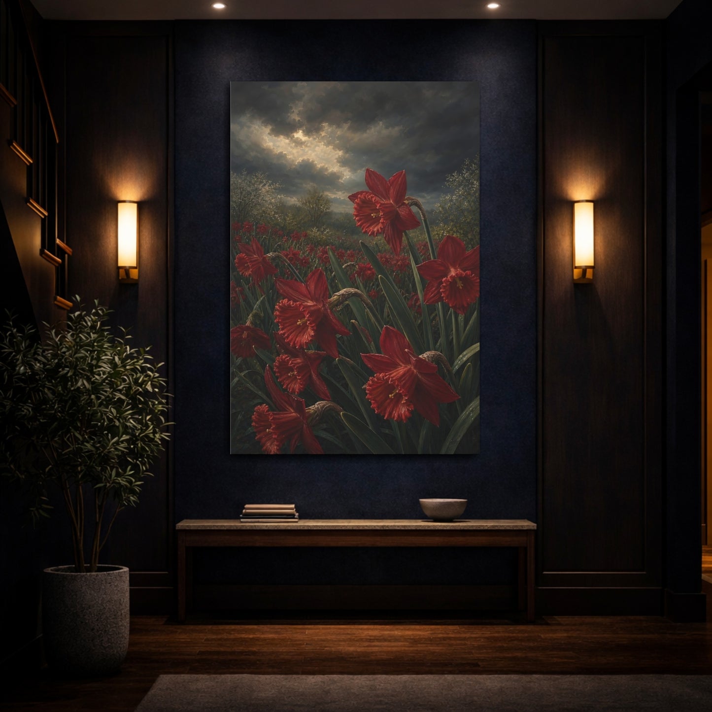 Mockup 4. Floral Red Daffodils Red Flower Field shown as stretched canvas wall art