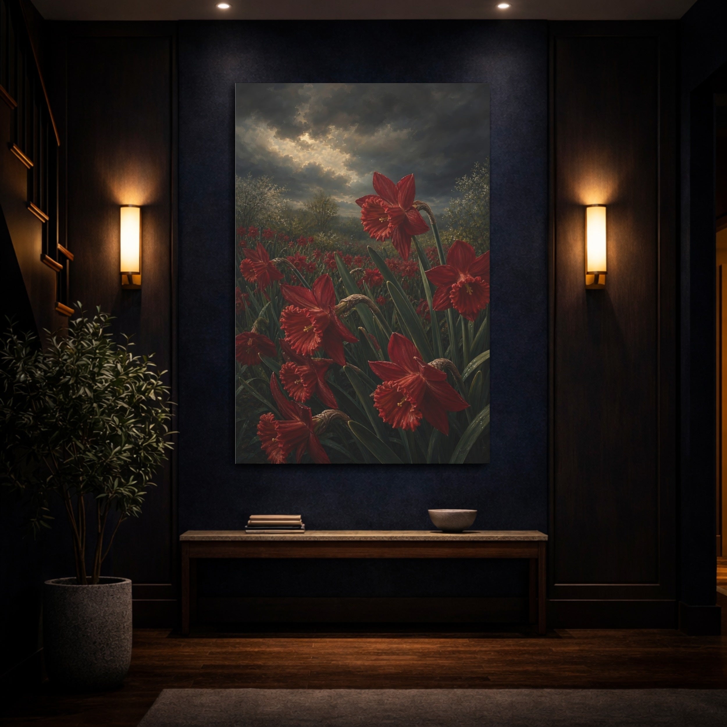 Mockup 4. Floral Red Daffodils Red Flower Field shown as stretched canvas wall art