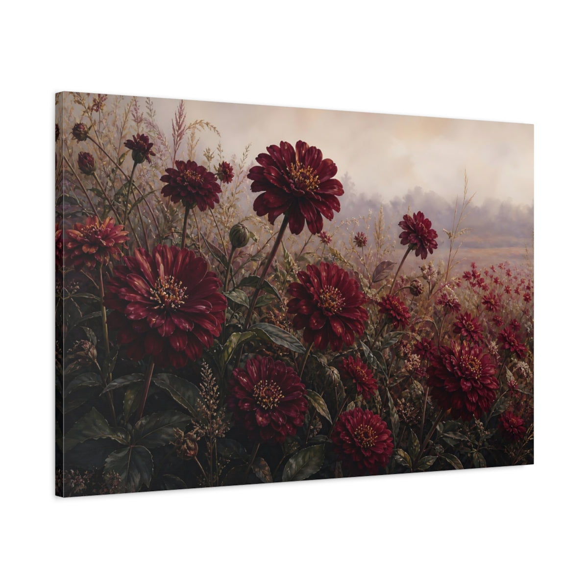 Main Mockup. Floral Red Dahlias Burgundy Flowers shown as stretched canvas wall art
