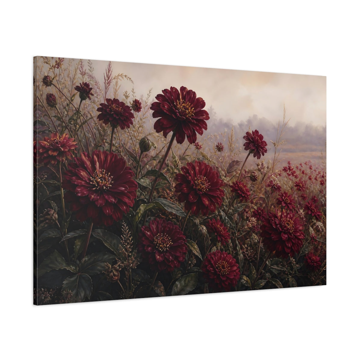 Side Mockup 1. Floral Red Dahlias Burgundy Flowers shown as stretched canvas wall art