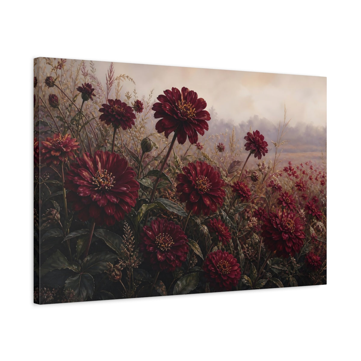 Side Mockup 2. Floral Red Dahlias Burgundy Flowers shown as stretched canvas wall art