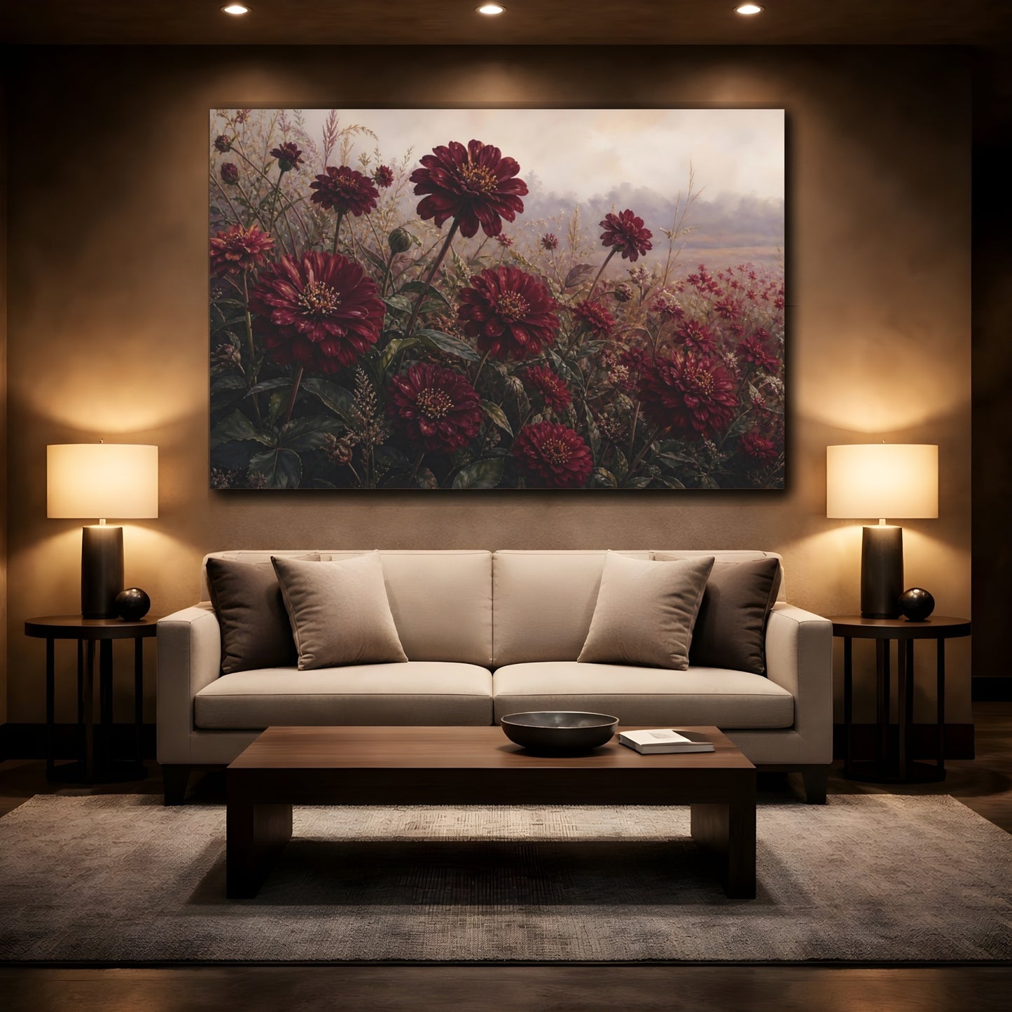 Mockup 2. Floral Red Dahlias Burgundy Flowers shown as stretched canvas wall art