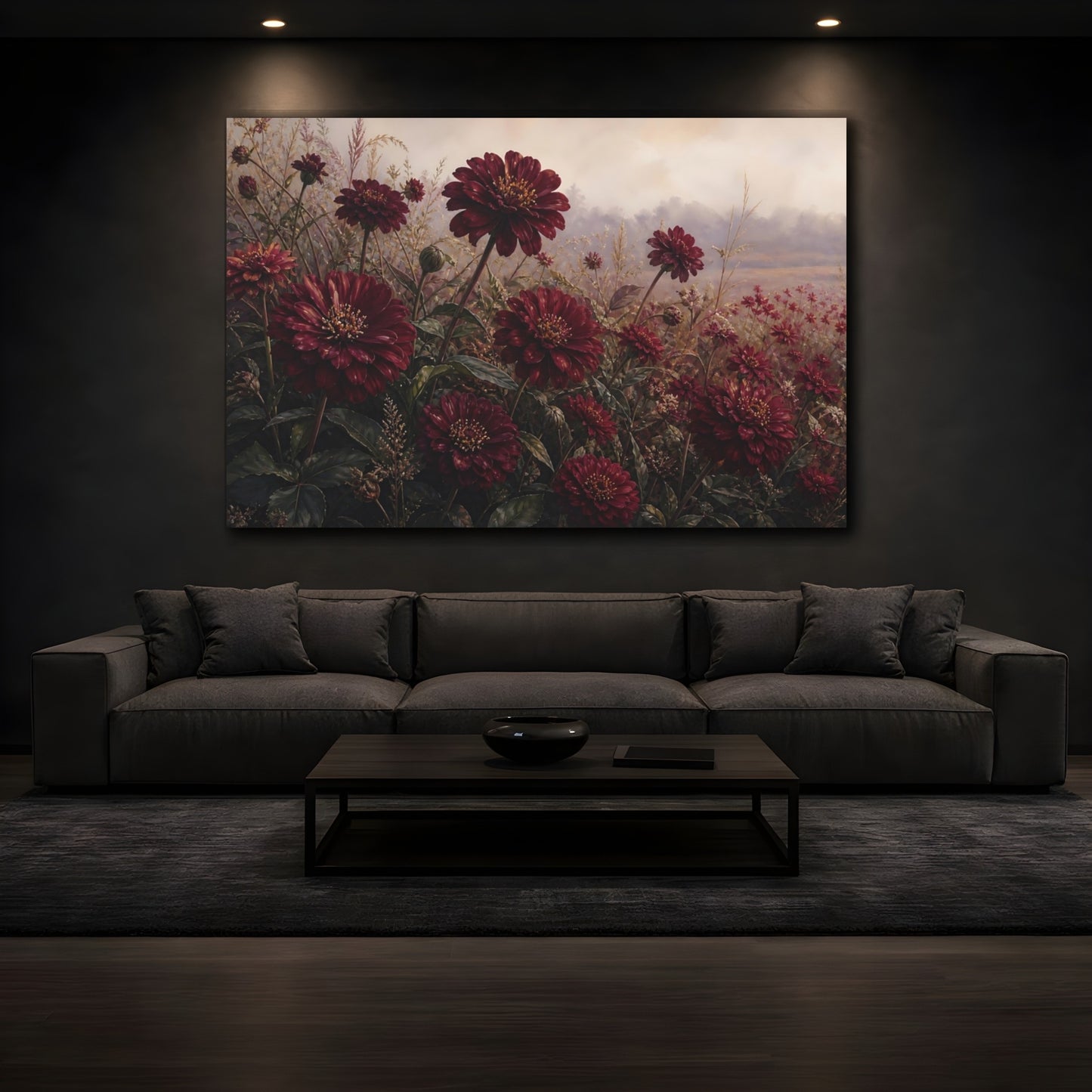 Mockup 3. Floral Red Dahlias Burgundy Flowers shown as stretched canvas wall art