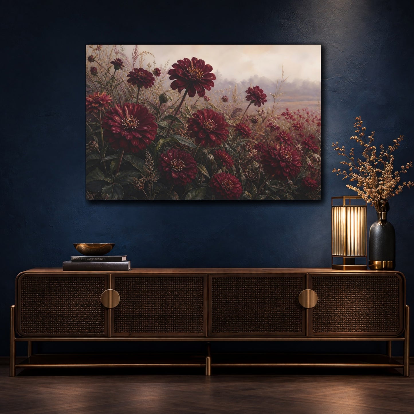 Mockup 4. Floral Red Dahlias Burgundy Flowers shown as stretched canvas wall art