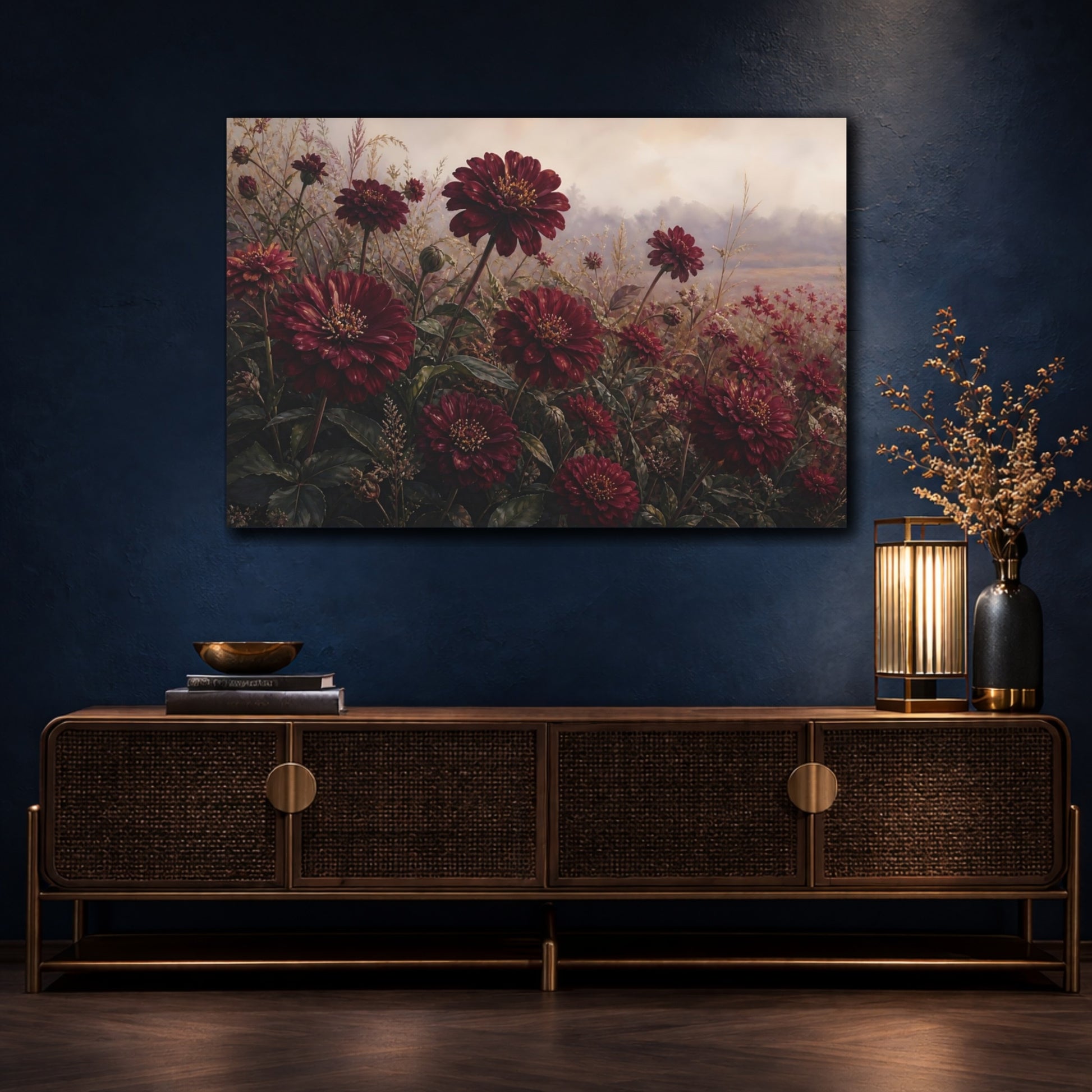 Mockup 4. Floral Red Dahlias Burgundy Flowers shown as stretched canvas wall art