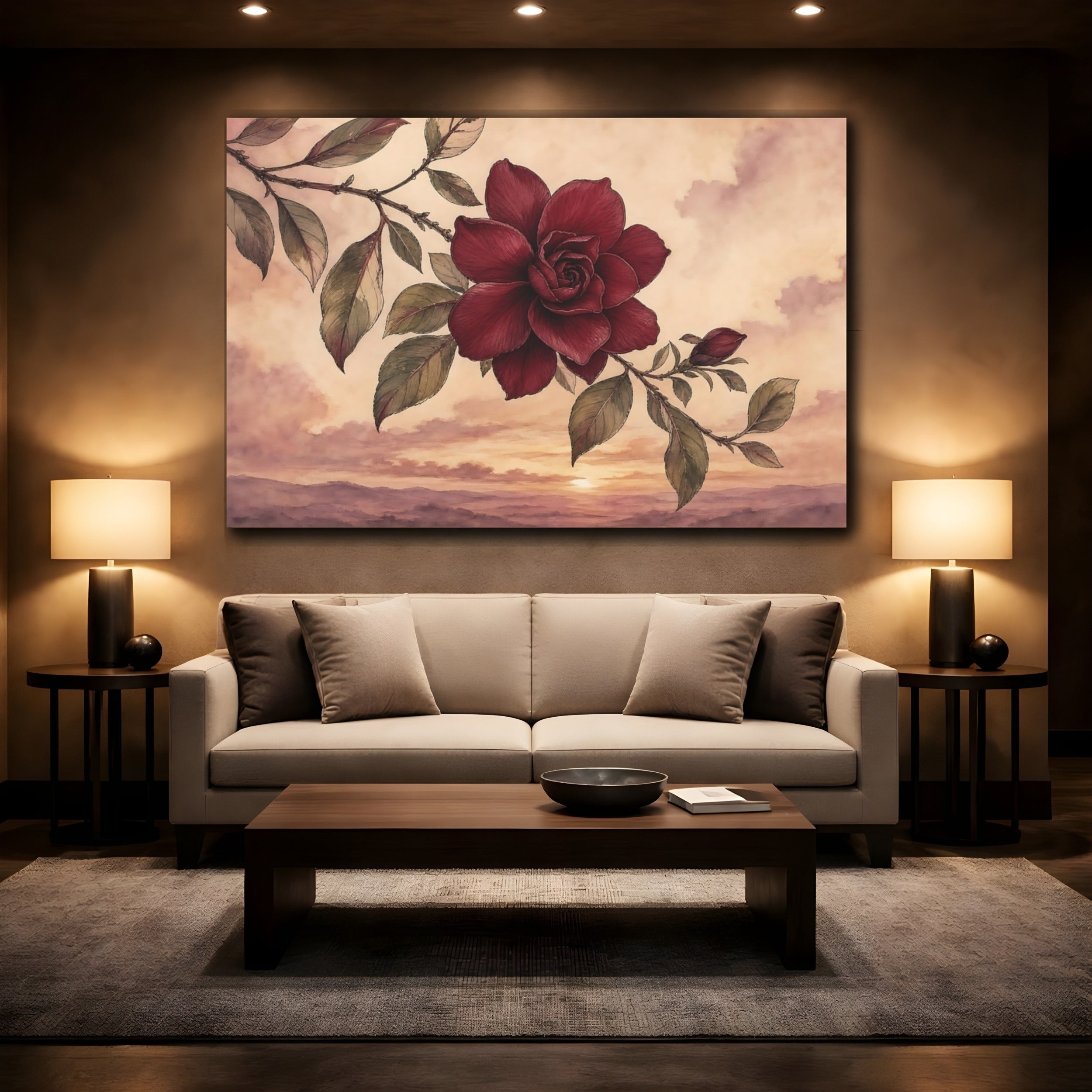 Mockup 2. Floral Red Flower Red Flower Sunset shown as stretched canvas wall art