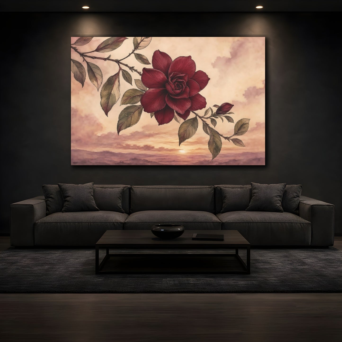 Mockup 3. Floral Red Flower Red Flower Sunset shown as stretched canvas wall art