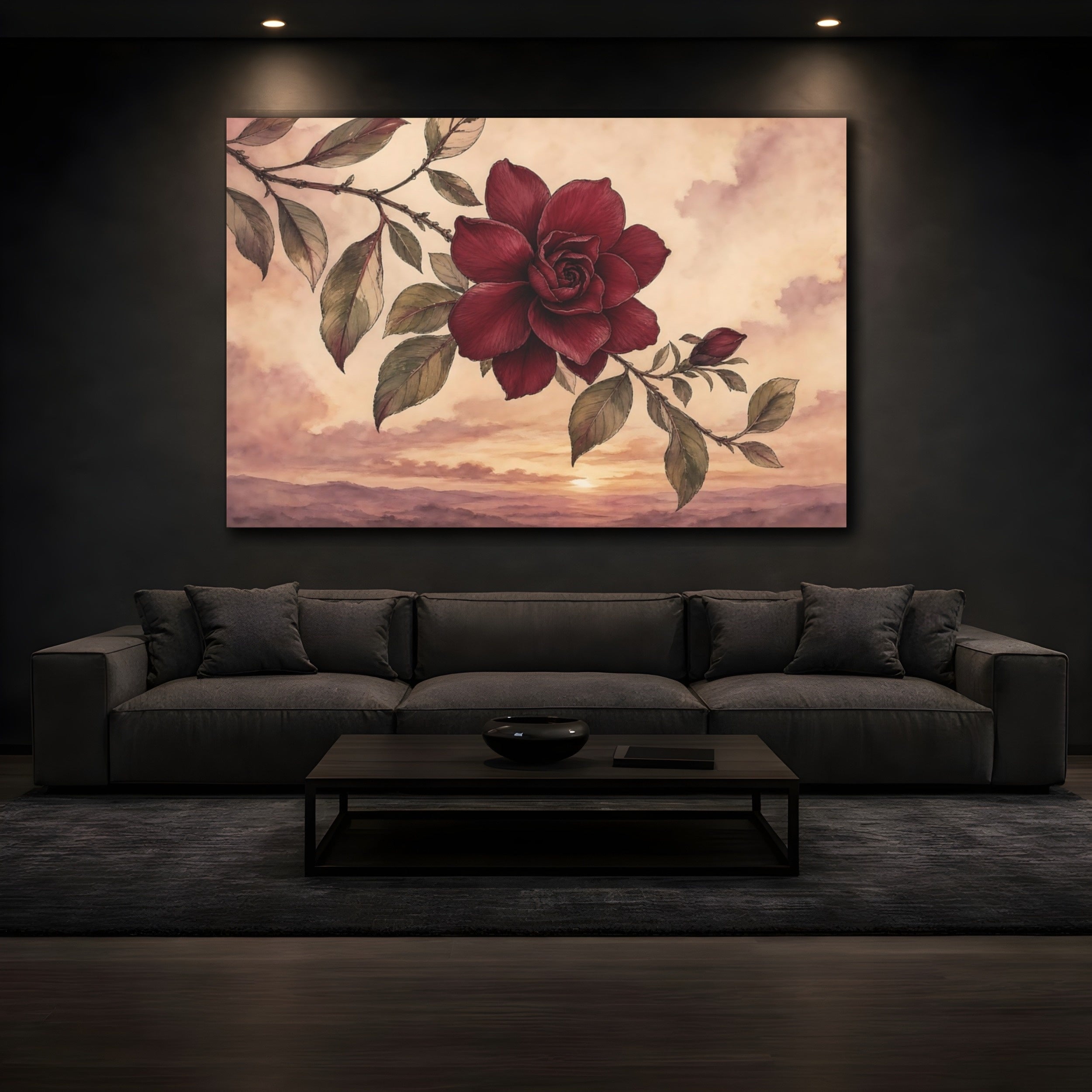 Mockup 3. Floral Red Flower Red Flower Sunset shown as stretched canvas wall art