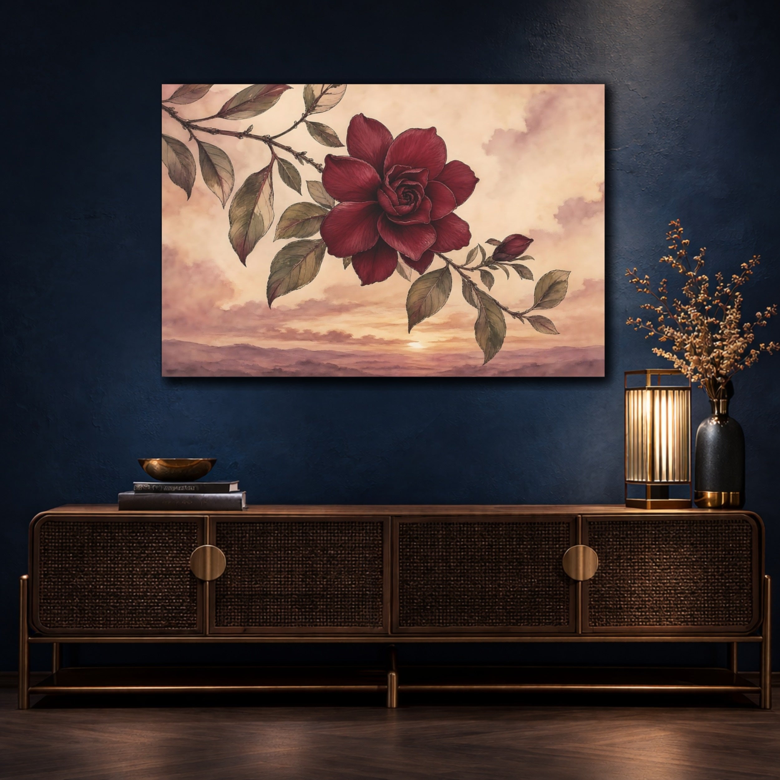 Mockup 4. Floral Red Flower Red Flower Sunset shown as stretched canvas wall art