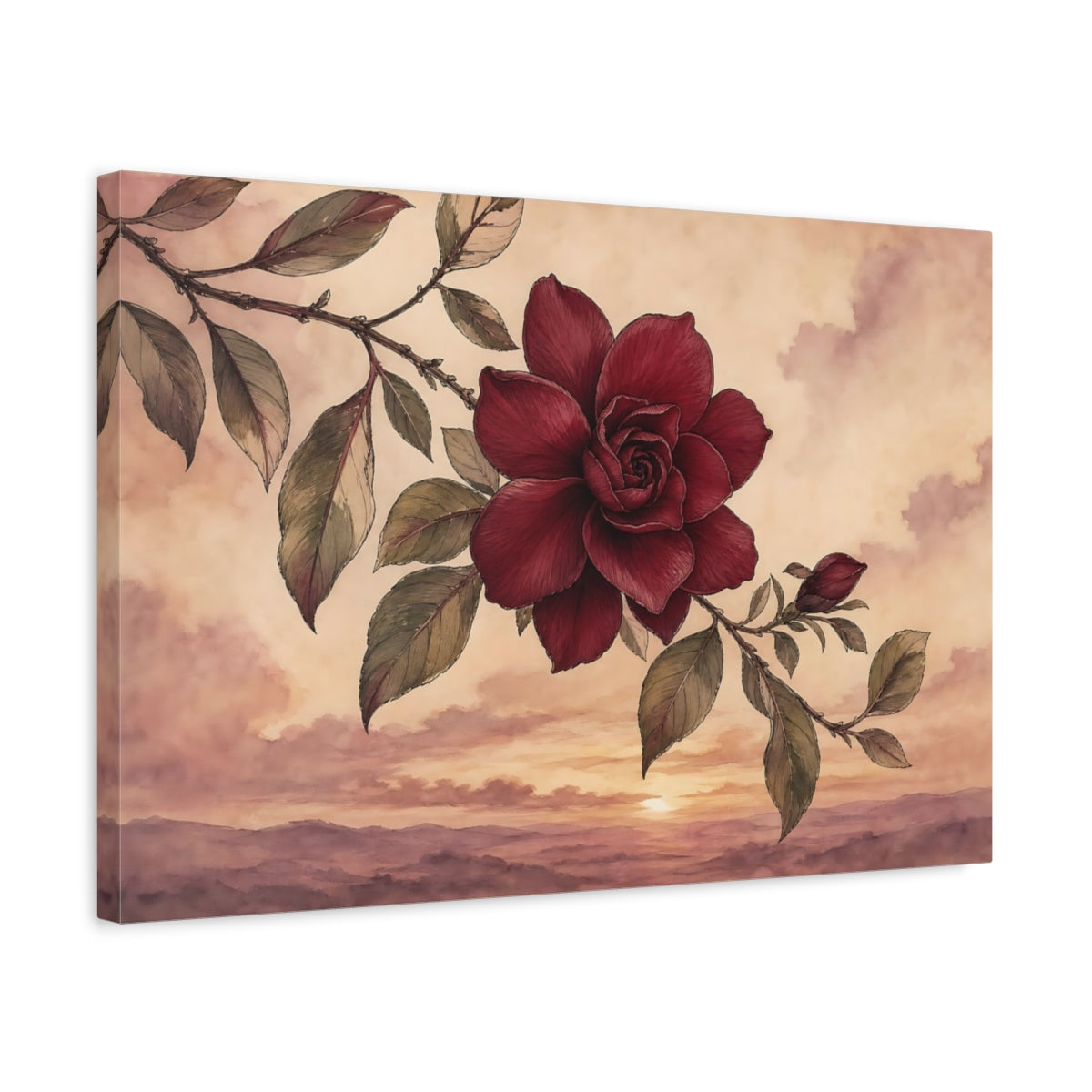 Side Mockup 3. Floral Red Flower Red Flower Sunset shown as stretched canvas wall art