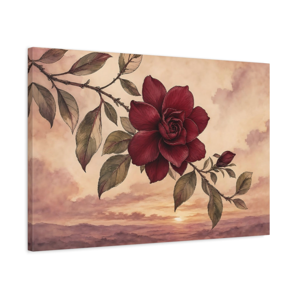 Side Mockup 2. Floral Red Flower Red Flower Sunset shown as stretched canvas wall art