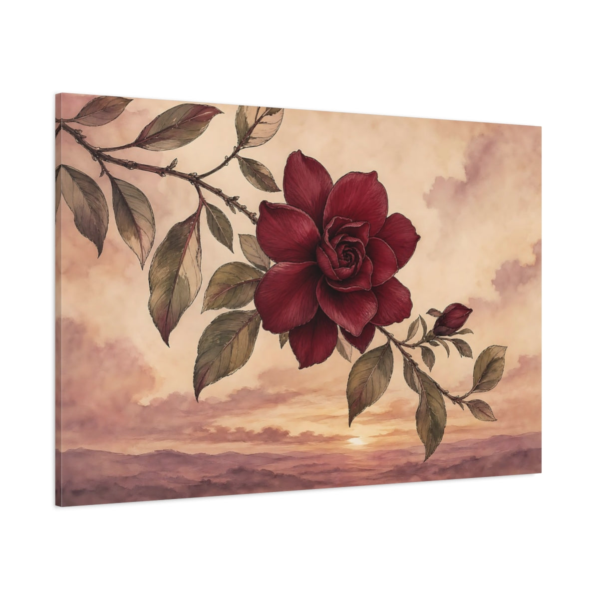 Side Mockup 1. Floral Red Flower Red Flower Sunset shown as stretched canvas wall art